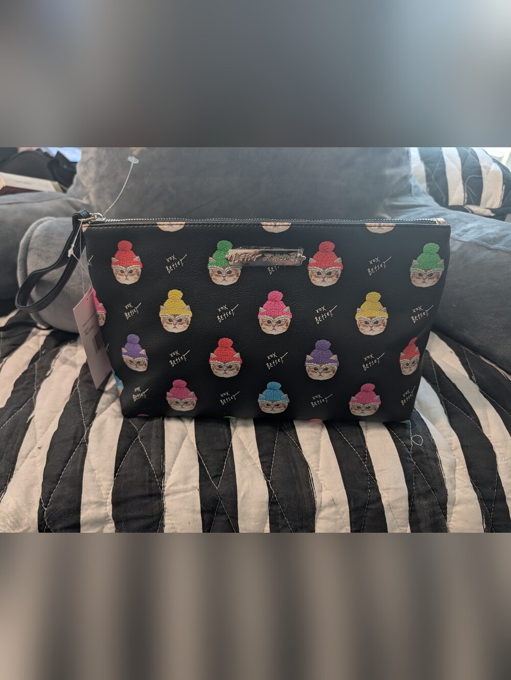 Betsey Johnson Wristlet Pouch with Colorful Cat Beanie Motif